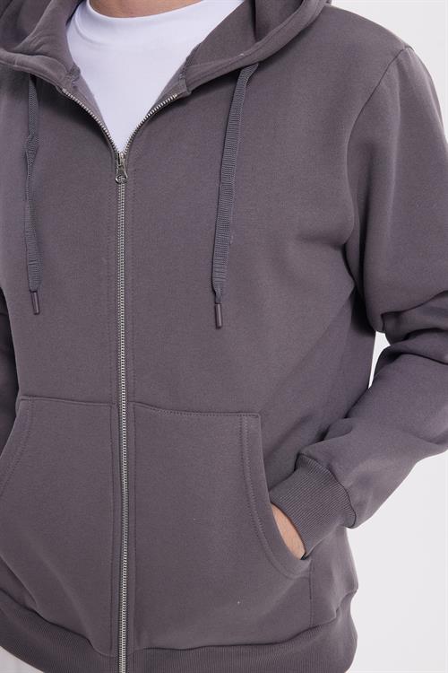 Unisex Relax Fit Rahat Kesim Pamuklu İçi Polarlı Çift Cepli Tam Fermuarlı Gri Kapüşonlu Sweatshirt