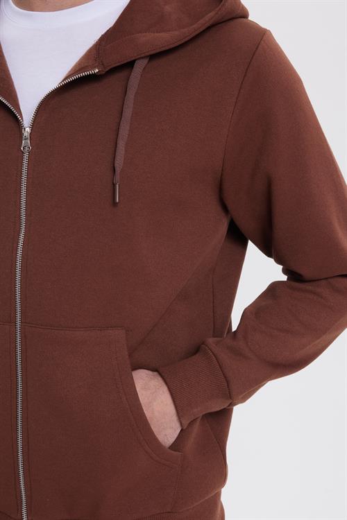 Unisex Relax Fit Rahat Kesim Pamuklu İçi Polarlı Çift Cepli Tam Fermuarlı Kahverengi Kapüşonlu Sweatshirt
