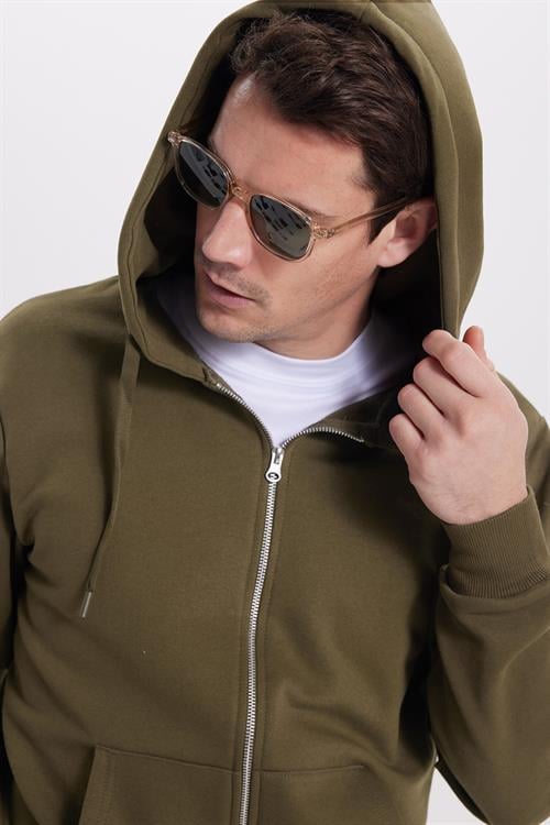 Unisex Relax Fit Rahat Kesim Pamuklu İçi Polarlı Çift Cepli Tam Fermuarlı Haki Kapüşonlu Sweatshirt