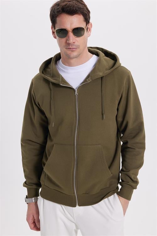 Unisex Relax Fit Rahat Kesim Pamuklu İçi Polarlı Çift Cepli Tam Fermuarlı Haki Kapüşonlu Sweatshirt