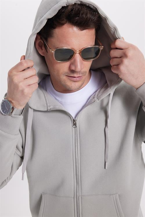 Unisex Relax Fit Rahat Kesim Pamuklu İçi Polarlı Çift Cepli Tam Fermuarlı Taş Kapüşonlu Sweatshirt