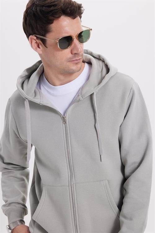 Unisex Relax Fit Rahat Kesim Pamuklu İçi Polarlı Çift Cepli Tam Fermuarlı Taş Kapüşonlu Sweatshirt