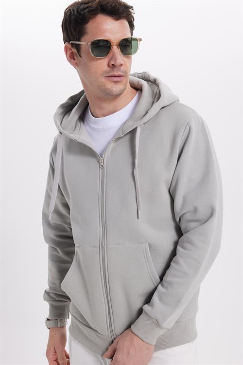 Unisex Relax Fit Rahat Kesim Pamuklu İçi Polarlı Çift Cepli Tam Fermuarlı Taş Kapüşonlu Sweatshirt