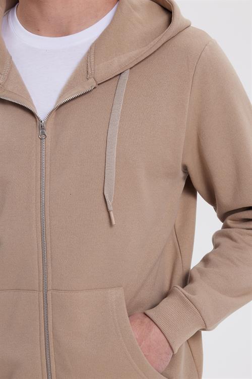 Unisex Relax Fit Rahat Kesim Pamuklu İçi Polarlı Çift Cepli Tam Fermuarlı Kahverengi Kapüşonlu Sweatshirt