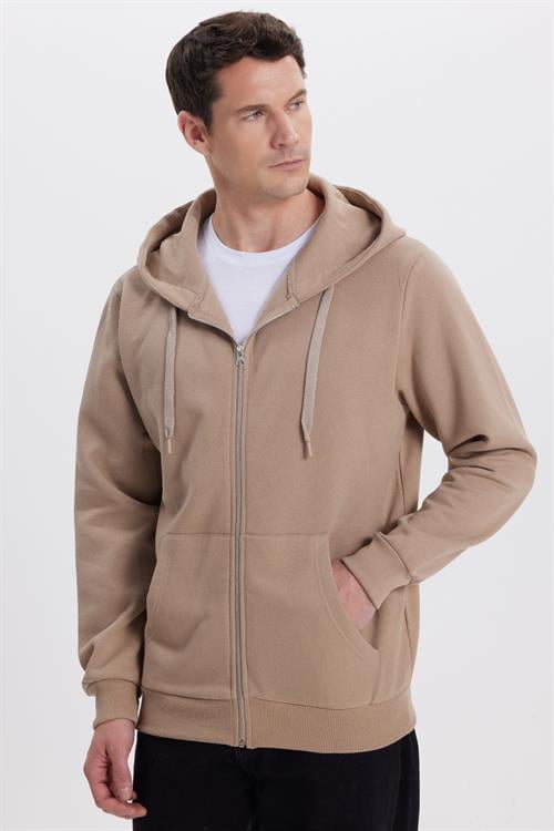 Unisex Relax Fit Rahat Kesim Pamuklu İçi Polarlı Çift Cepli Tam Fermuarlı Kahverengi Kapüşonlu Sweatshirt