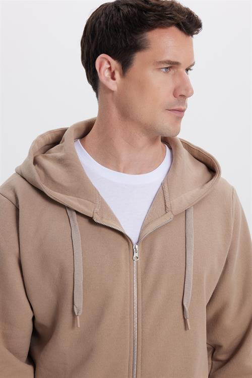 Unisex Relax Fit Rahat Kesim Pamuklu İçi Polarlı Çift Cepli Tam Fermuarlı Kahverengi Kapüşonlu Sweatshirt