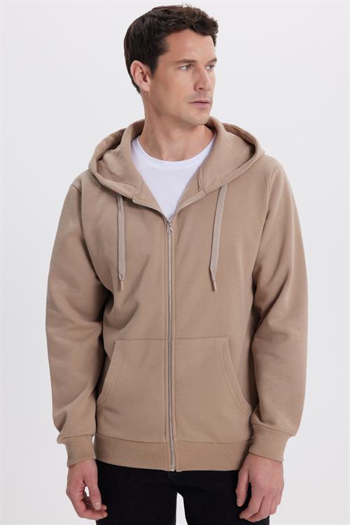 Unisex Relax Fit Rahat Kesim Pamuklu İçi Polarlı Çift Cepli Tam Fermuarlı Kahverengi Kapüşonlu Sweatshirt