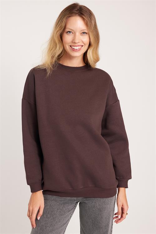 Kadın Oversize Geniş Kesim Pamuklu 3 İplik Bisiklet Yaka Kahverengi Sweatshirt