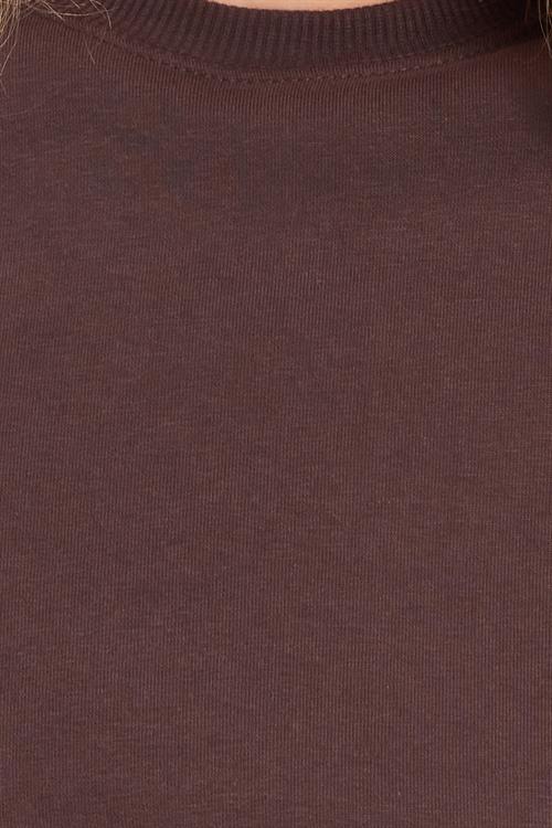 Kadın Oversize Geniş Kesim Pamuklu 3 İplik Bisiklet Yaka Kahverengi Sweatshirt