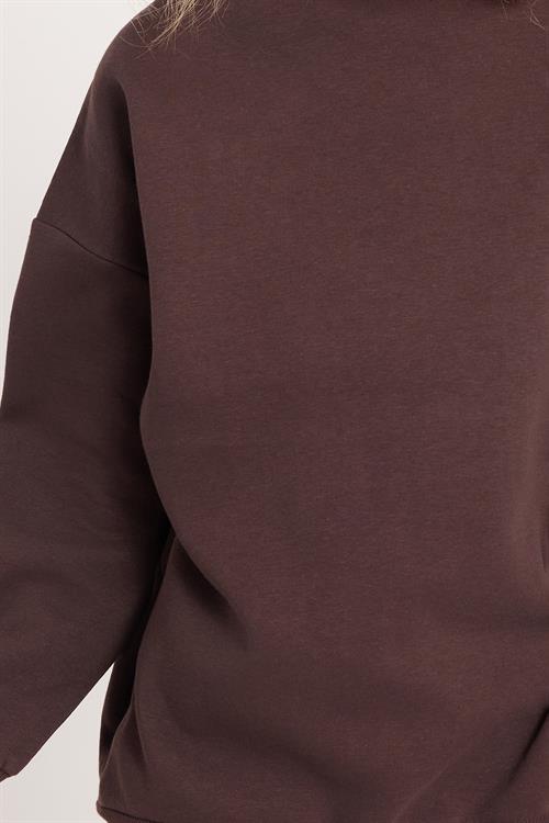 Kadın Oversize Geniş Kesim Pamuklu 3 İplik Bisiklet Yaka Kahverengi Sweatshirt