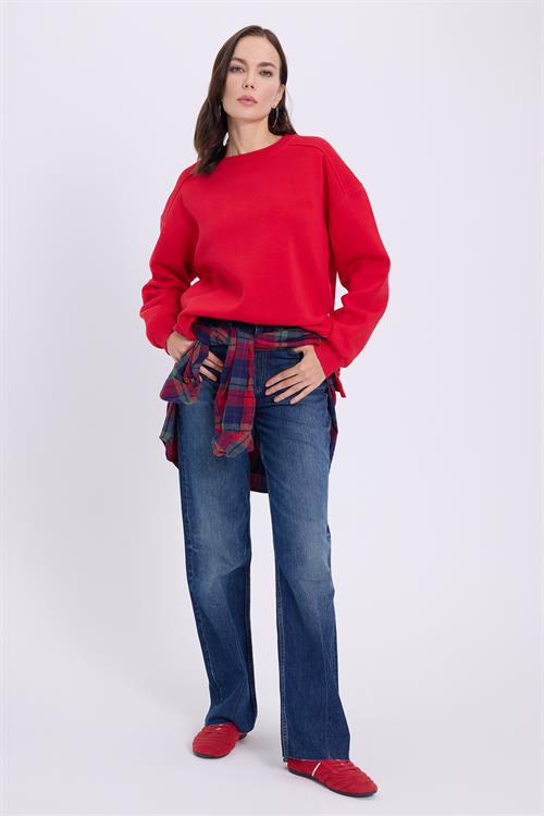 Kadın Oversize Geniş Kesim Pamuklu 3 iplik Bisiklet Yaka Kırmızı Sweatshirt
