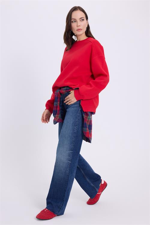 Kadın Oversize Geniş Kesim Pamuklu 3 iplik Bisiklet Yaka Kırmızı Sweatshirt