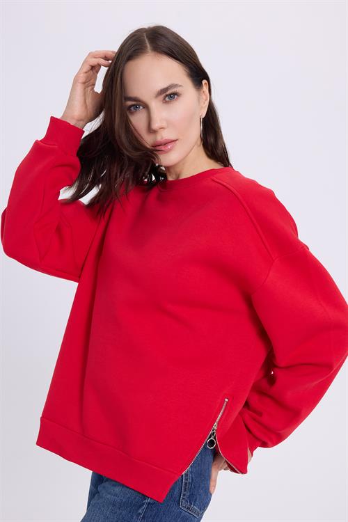 Kadın Oversize Geniş Kesim Pamuklu 3 iplik Bisiklet Yaka Kırmızı Sweatshirt