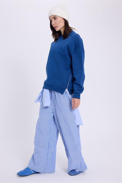 Kadın Oversize Geniş Kesim Pamuklu 3 iplik Bisiklet Yaka Mavi Sweatshirt
