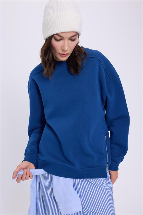 Kadın Oversize Geniş Kesim Pamuklu 3 iplik Bisiklet Yaka Mavi Sweatshirt