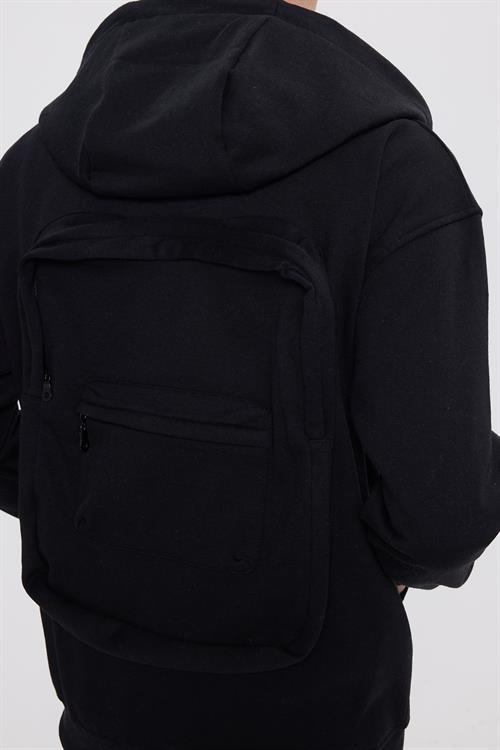 Erkek Relax Fit Rahat Kesim Pamuklu Tam Fermuarlı Kanguru Cepli Sırt Çantalı Siyah Sweatshirt