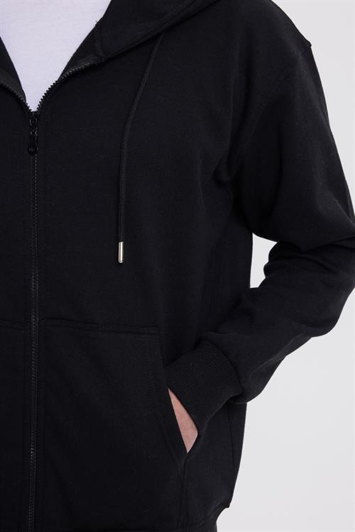 Erkek Relax Fit Rahat Kesim Pamuklu Tam Fermuarlı Kanguru Cepli Sırt Çantalı Siyah Sweatshirt