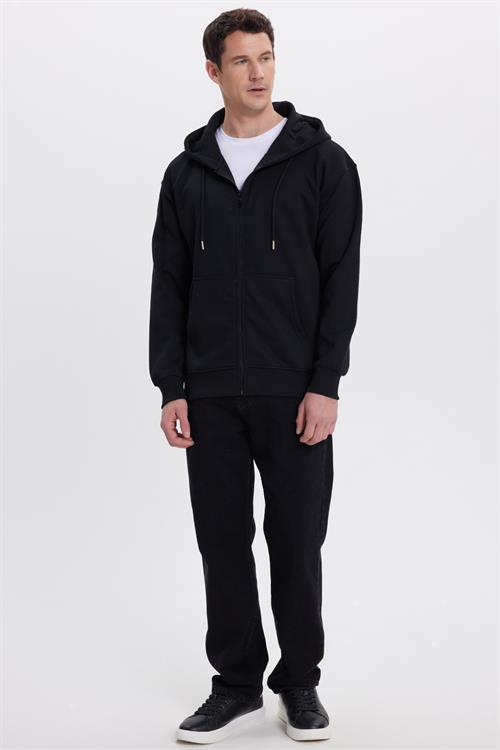 Erkek Relax Fit Rahat Kesim Pamuklu Tam Fermuarlı Kanguru Cepli Sırt Çantalı Siyah Sweatshirt