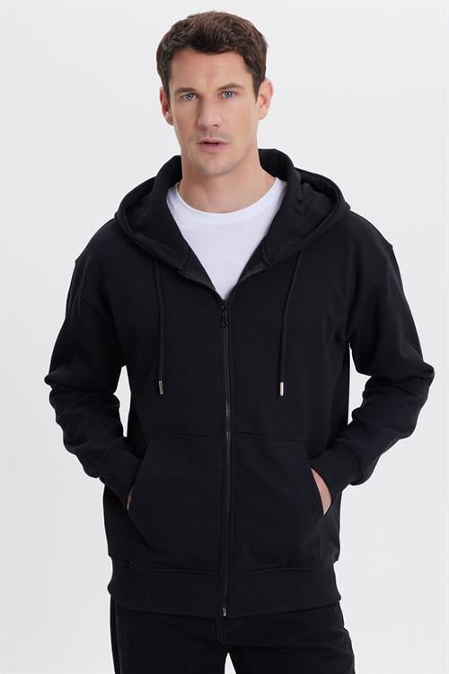 Erkek Relax Fit Rahat Kesim Pamuklu Tam Fermuarlı Kanguru Cepli Sırt Çantalı Siyah Sweatshirt