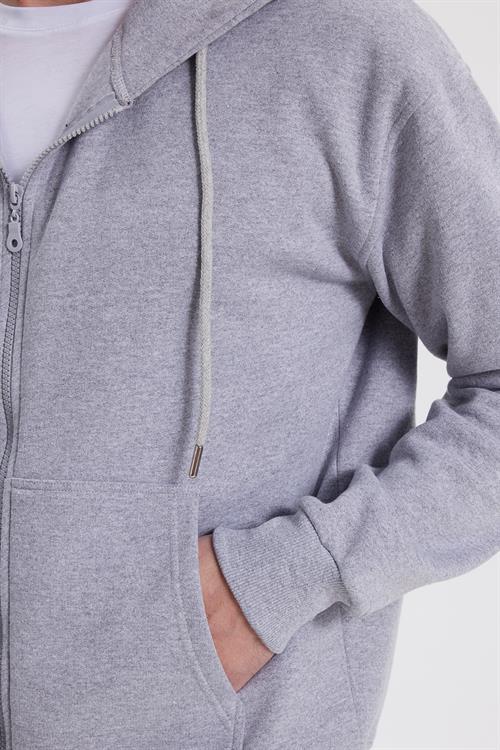Erkek Relax Fit Rahat Kesim Pamuklu Tam Fermuarlı Kanguru Cepli Sırt Çantalı Gri Sweatshirt