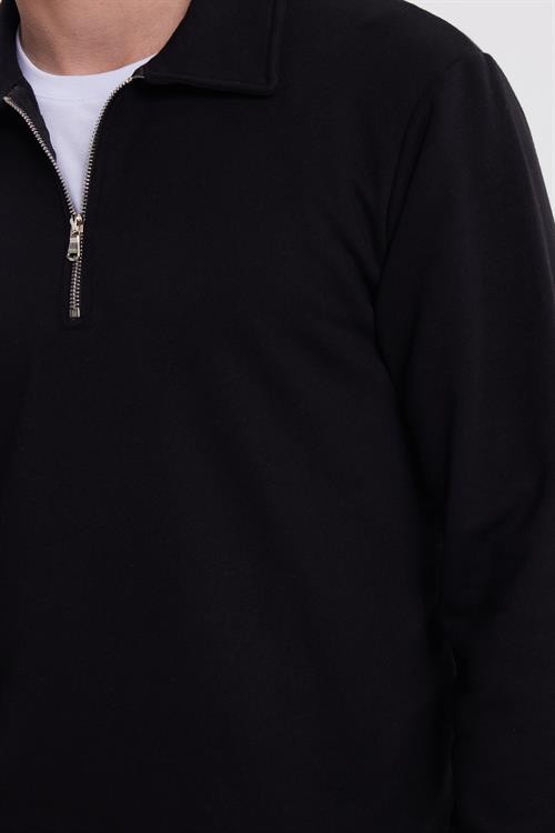 Erkek Relax Fit Rahat Kesim Pamuklu 3 İplik Fermuarlı Polo Yaka Siyah Sweatshirt