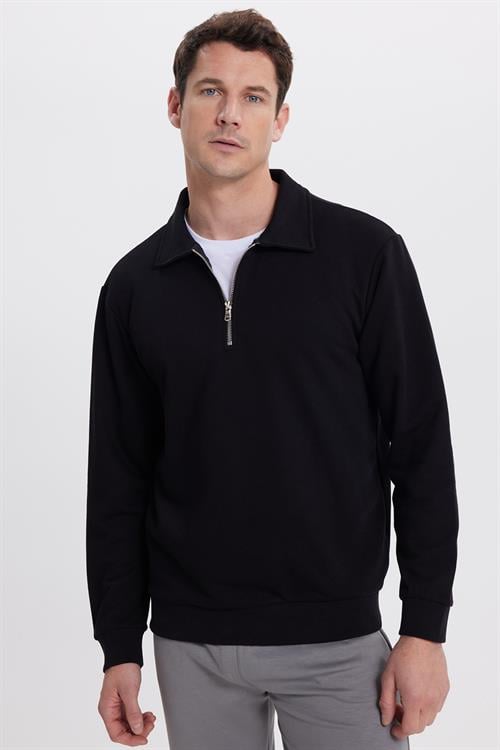 Erkek Relax Fit Rahat Kesim Pamuklu 3 İplik Fermuarlı Polo Yaka Siyah Sweatshirt