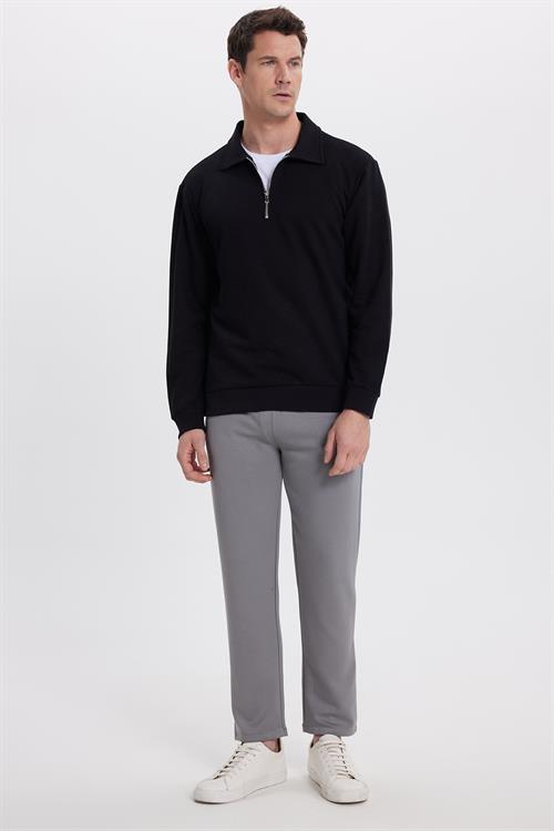 Erkek Relax Fit Rahat Kesim Pamuklu 3 İplik Fermuarlı Polo Yaka Siyah Sweatshirt