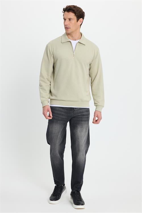 Erkek Relax Fit Rahat Kesim Pamuklu 3 iplik Fermuarlı Polo Yaka Bej Sweatshirt