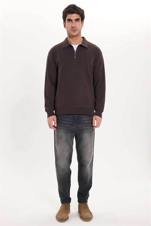 Erkek Relax Fit Rahat Kesim Pamuklu 3 İplik Fermuarlı Polo Yaka Kahverengi Sweatshirt