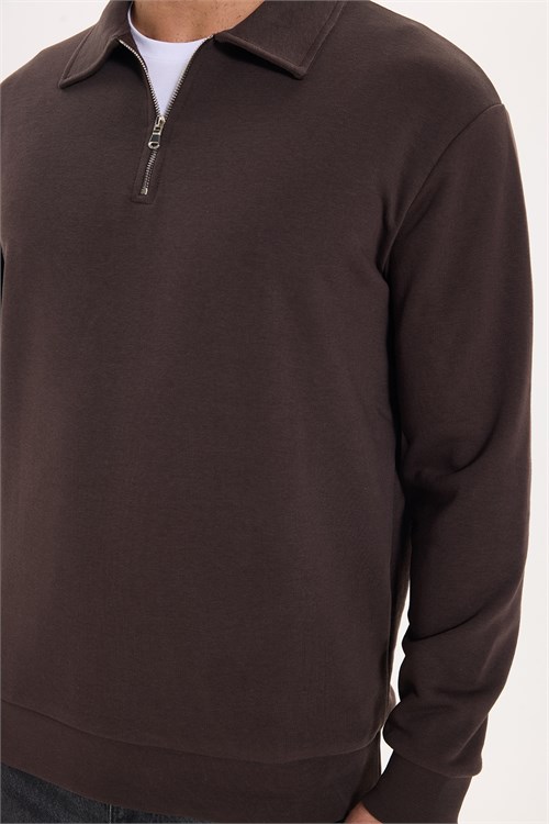 Erkek Relax Fit Rahat Kesim Pamuklu 3 İplik Fermuarlı Polo Yaka Kahverengi Sweatshirt