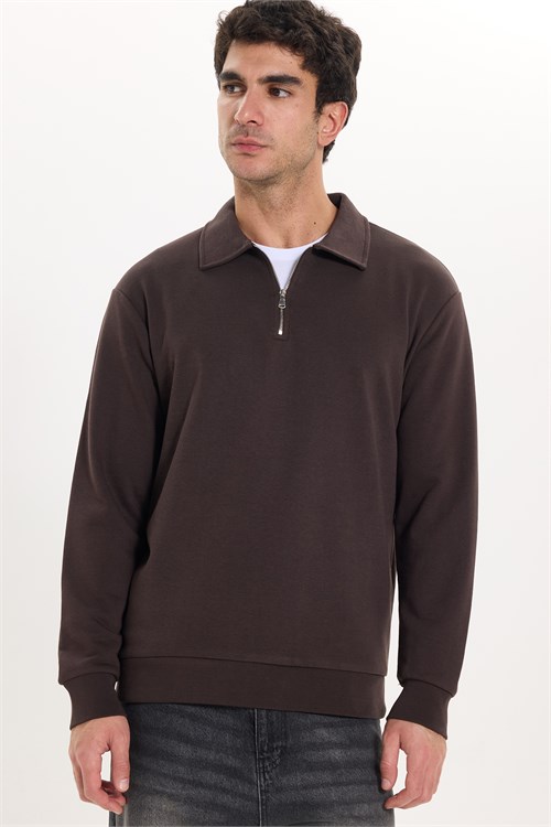 Erkek Relax Fit Rahat Kesim Pamuklu 3 İplik Fermuarlı Polo Yaka Kahverengi Sweatshirt