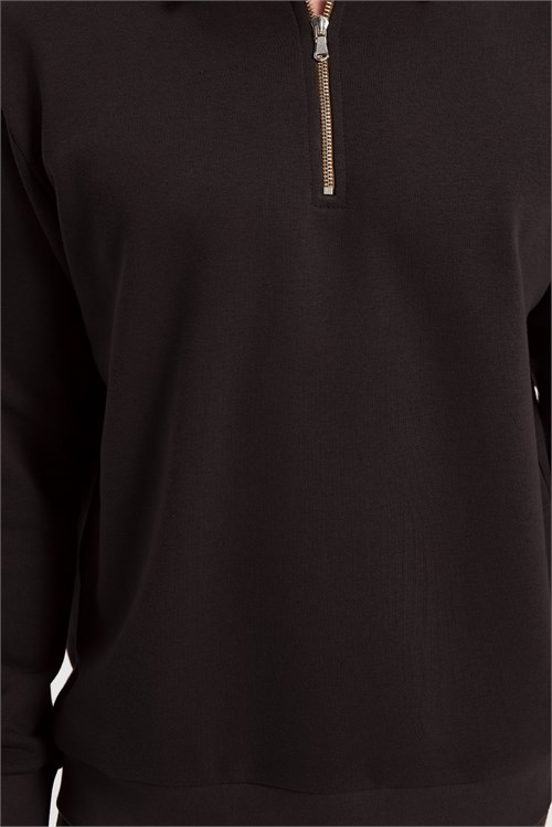 Erkek Relax Fit Rahat Kesim Pamuklu 3 İplik Fermuarlı Polo Yaka Kahverengi Sweatshirt