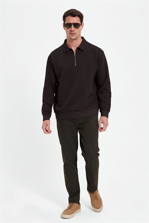 Erkek Relax Fit Rahat Kesim Pamuklu 3 İplik Fermuarlı Polo Yaka Kahverengi Sweatshirt