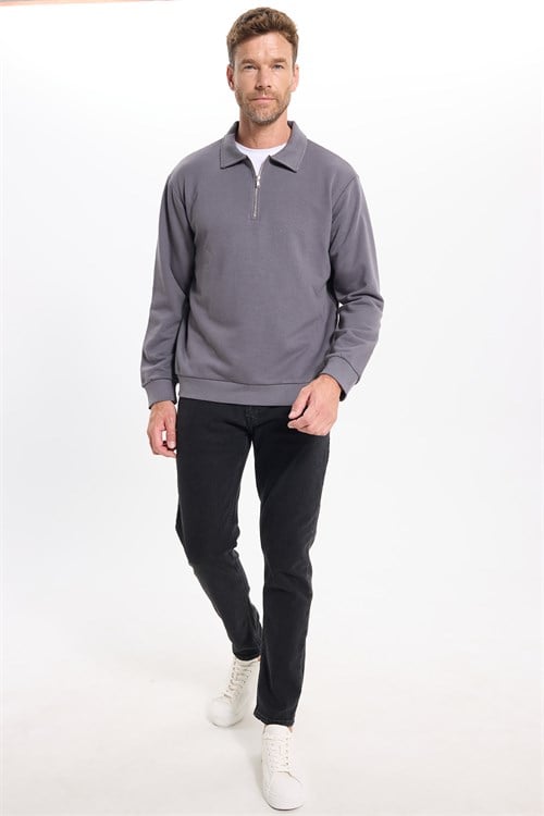 Erkek Relax Fit Rahat Kesim Pamuklu 3 İplik Fermuarlı Polo Yaka Koyu Gri Sweatshirt