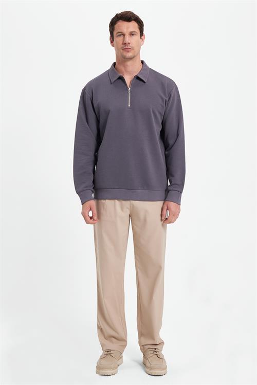Erkek Relax Fit Rahat Kesim Pamuklu 3 İplik Fermuarlı Polo Yaka Koyu Gri Sweatshirt