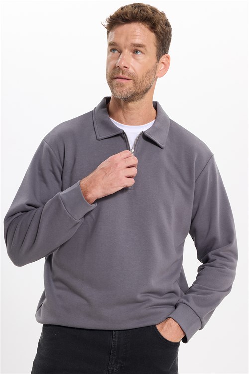 Erkek Relax Fit Rahat Kesim Pamuklu 3 İplik Fermuarlı Polo Yaka Koyu Gri Sweatshirt