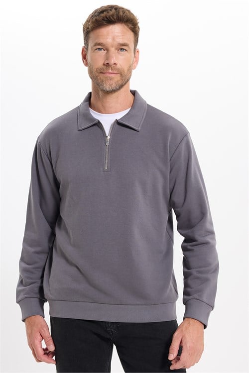 Erkek Relax Fit Rahat Kesim Pamuklu 3 İplik Fermuarlı Polo Yaka Koyu Gri Sweatshirt