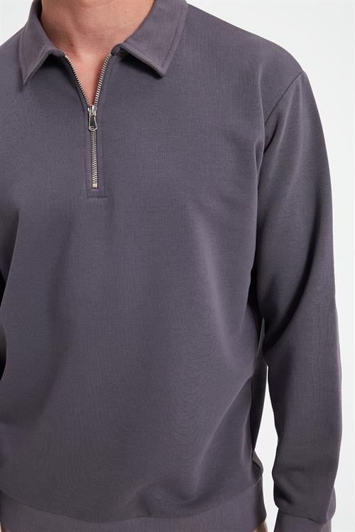 Erkek Relax Fit Rahat Kesim Pamuklu 3 İplik Fermuarlı Polo Yaka Koyu Gri Sweatshirt