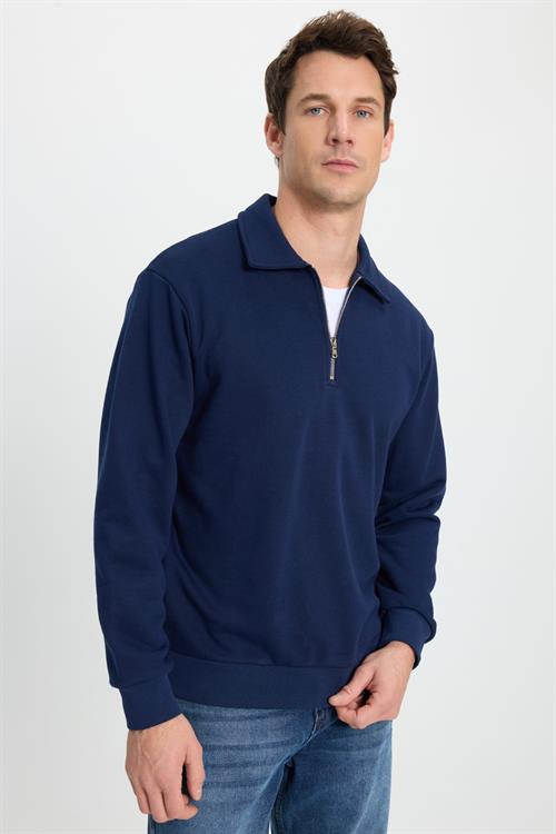 Erkek Relax Fit Rahat Kesim Pamuklu 3 İplik Fermuarlı Polo Yaka Lacivert Sweatshirt
