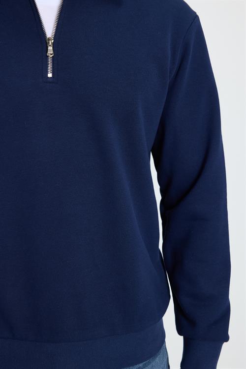 Erkek Relax Fit Rahat Kesim Pamuklu 3 İplik Fermuarlı Polo Yaka Lacivert Sweatshirt