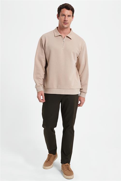 Erkek Relax Fit Rahat Kesim Pamuklu 3 İplik Fermuarlı Polo Yaka Taş Sweatshirt