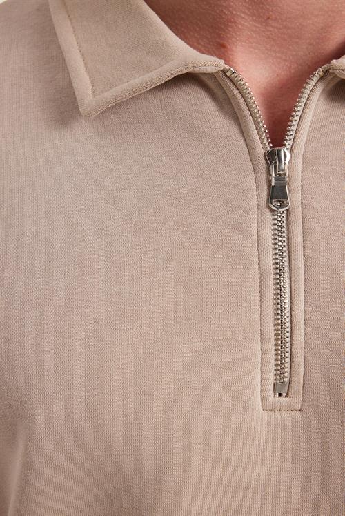Erkek Relax Fit Rahat Kesim Pamuklu 3 İplik Fermuarlı Polo Yaka Taş Sweatshirt