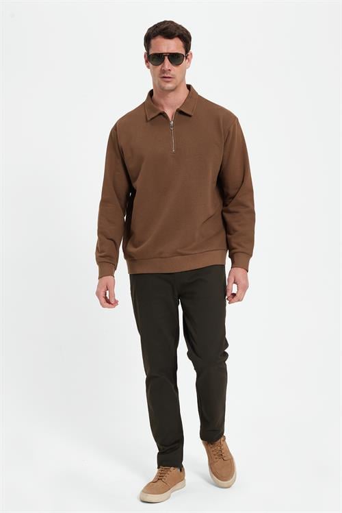 Erkek Relax Fit Rahat Kesim Pamuklu 3 İplik Fermuarlı Polo Yaka Koyu Vizon Sweatshirt