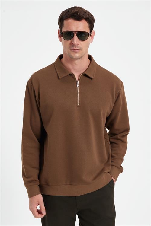 Erkek Relax Fit Rahat Kesim Pamuklu 3 İplik Fermuarlı Polo Yaka Koyu Vizon Sweatshirt