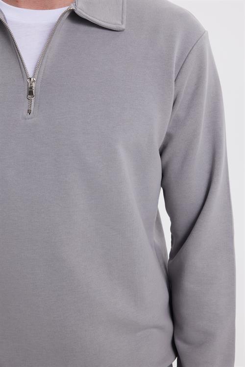 Erkek Relax Fit Rahat Kesim Pamuklu 3 İplik Fermuarlı Polo Yaka Gri Sweatshirt