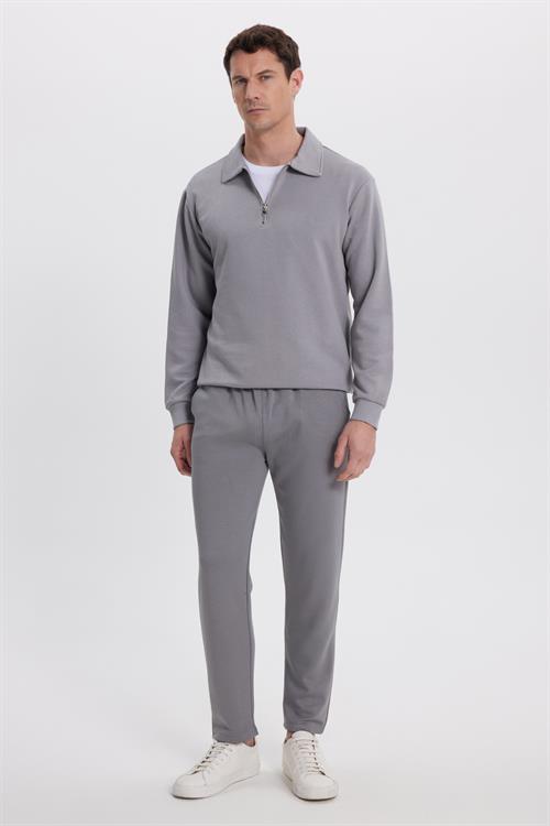 Erkek Relax Fit Rahat Kesim Pamuklu 3 İplik Fermuarlı Polo Yaka Gri Sweatshirt