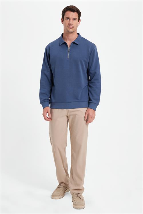 Erkek Relax Fit Rahat Kesim Pamuklu 3 İplik Fermuarlı Polo Yaka Koyu Mavi Sweatshirt