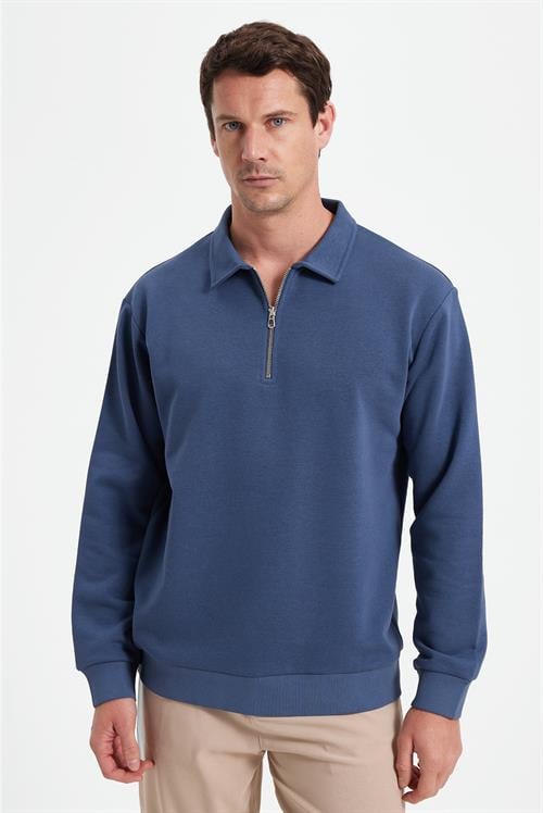 Erkek Relax Fit Rahat Kesim Pamuklu 3 İplik Fermuarlı Polo Yaka Koyu Mavi Sweatshirt