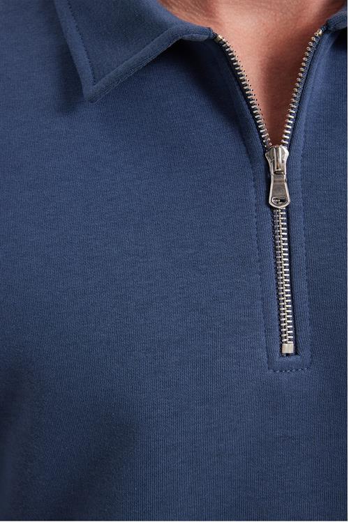 Erkek Relax Fit Rahat Kesim Pamuklu 3 İplik Fermuarlı Polo Yaka Koyu Mavi Sweatshirt