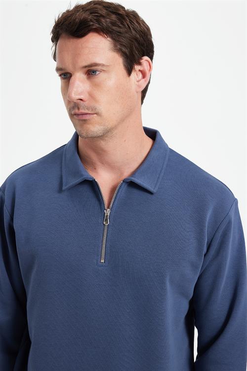 Erkek Relax Fit Rahat Kesim Pamuklu 3 İplik Fermuarlı Polo Yaka Koyu Mavi Sweatshirt